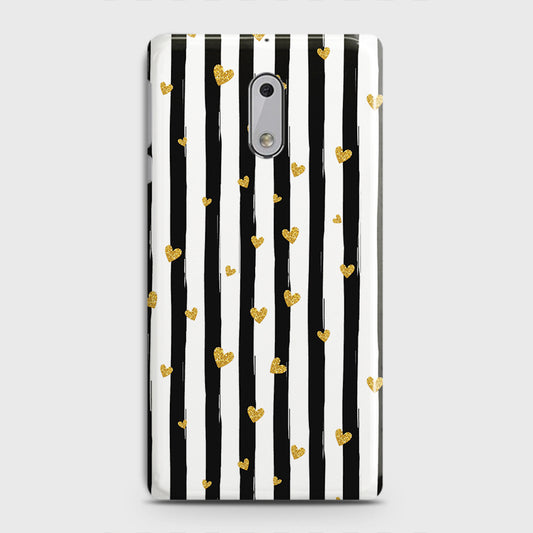 Nokia 6  - Trendy Black & White Lining With Golden Hearts Printed Hard Case With Life Time Colors Guarantee