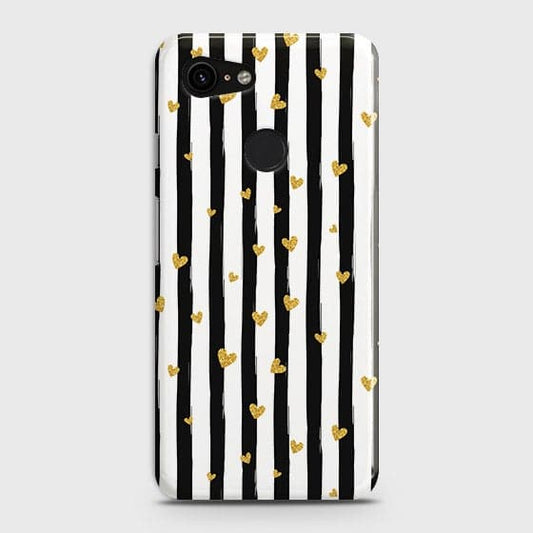 Google Pixel 3 XL Cover - Trendy Black & White Lining With Golden Hearts Printed Hard Case with Life Time Colors Guarantee B74 ( Fast Delivery )