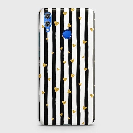 Huawei Honor 8C Cover - Trendy Black & White Lining With Golden Hearts Printed Hard Case with Life Time Colors Guarantee ( Fast Delivery )
