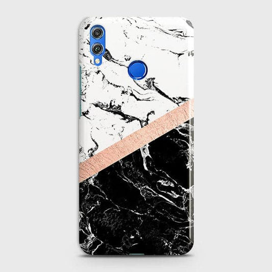 Huawei Honor 8X Cover - Black & White Marble With Chic RoseGold Strip Case with Life Time Colors Guarantee ( Fast Delivery )
