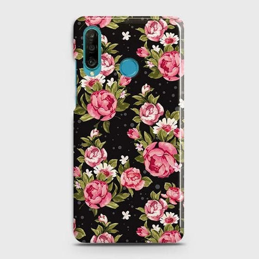 Huawei P30 lite Cover - Trendy Pink Rose Vintage Flowers Printed Hard Case with Life Time Colors Guarantee b-70 ( Fast Delivery )