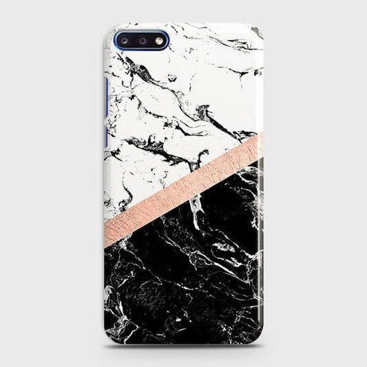 Huawei Y7 Pro 2018 Cover - Black & White Marble With Chic RoseGold Strip Case with Life Time Colors Guarantee ( Fast Delivery )
