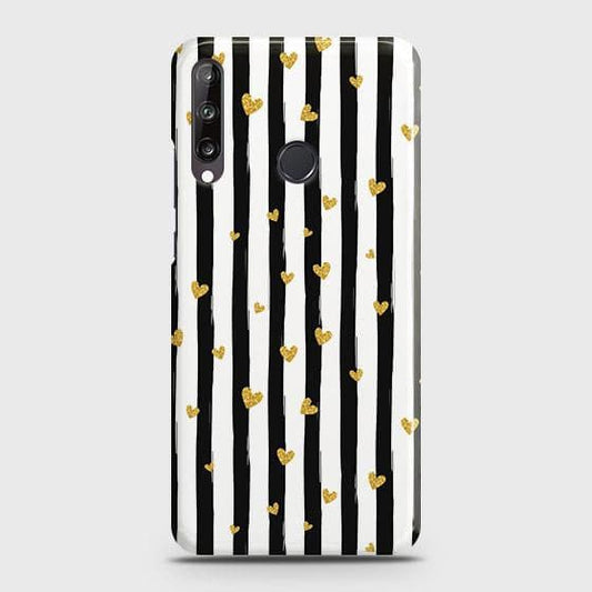 Huawei Y7p Cover - Trendy Black & White Lining With Golden Hearts Printed Hard Case with Life Time Colors Guarantee (Fast Delivery)