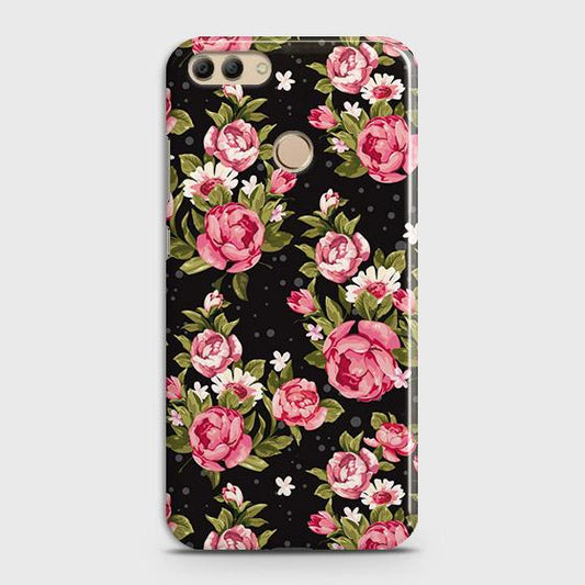 Huawei Y9 2018 Cover - Trendy Pink Rose Vintage Flowers Printed Hard Case with Life Time Colors Guarantee ( Fast Delivery )