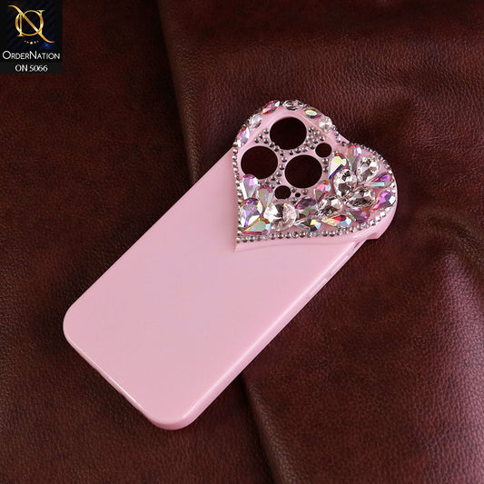iPhone 15 Pro Cover - Light Pink - Bling Rhinestones 3D Heart Candy Colour Shiny Soft TPU Case