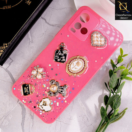 Vivo Y21e Cover - Dark Pink -  New Bling Bling Sparkle 3D Flowers Shiny Glitter Texture Protective Case