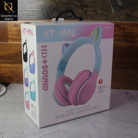 KT-M16 Wireless On-Ear Bluetooth Headset with Cute Ears and LED Light - Pink&Green