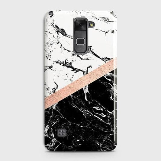 LG Stylus 2 / Stylus 2 Plus / Stylo 2 / Stylo 2 Plus Cover - Black & White Marble With Chic RoseGold Strip Case with Life Time Colors Guarantee ( Fast Delivery )