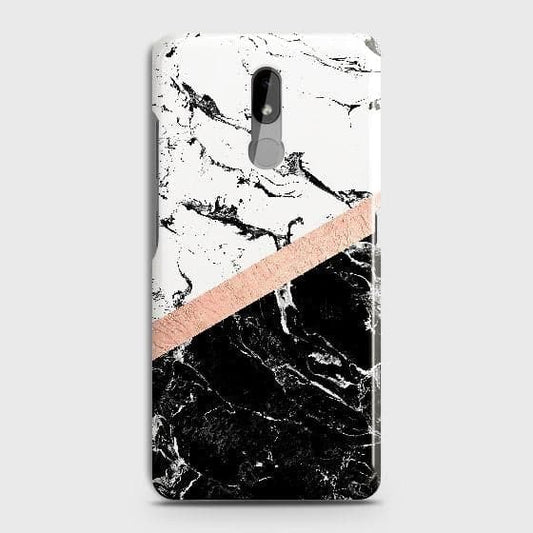 Nokia 3.2 Cover - Black & White Marble With Chic RoseGold Strip Case with Life Time Colors Guarantee ( Fast Delivery )