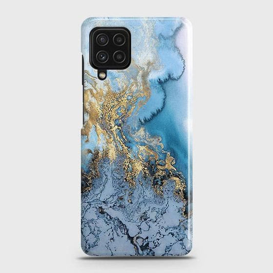 Samsung Galaxy M22 Cover - Trendy Golden & Blue Ocean Marble Printed Hard Case with Life Time Colors Guarantee B74 ( Fast Delivery )