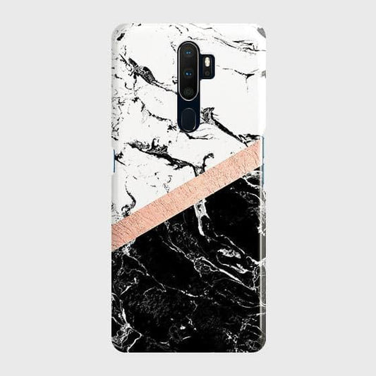 Oppo A5 2020 Cover - Black & White Marble With Chic RoseGold Strip Case with Life Time Colors Guarantee(b39) ( Fast Delivery )