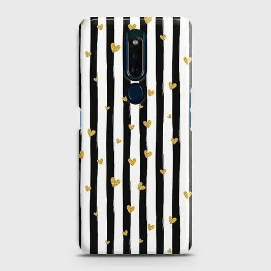 Oppo F11 Pro Cover - Trendy Black & White Lining With Golden Hearts Printed Hard Case with Life Time Colors Guarantee ( Fast Delivery )
