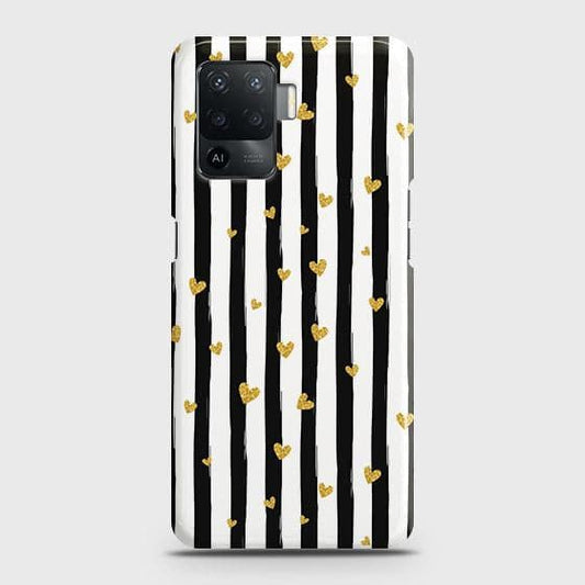 Oppo A94 Cover - Trendy Black & White Lining With Golden Hearts Printed Hard Case with Life Time Colors Guarantee ( Fast Delivery )