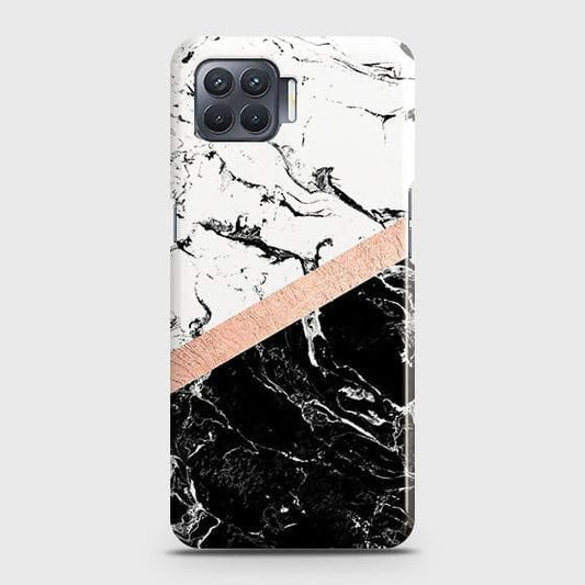 Oppo Reno 4 Lite Cover - Black & White Marble With Chic RoseGold Strip Case with Life Time Colors Guarantee B45 ( Fast Delivery )