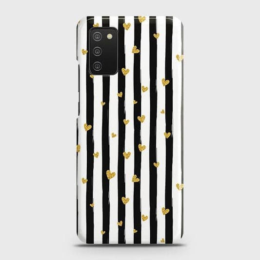 Samsung Galaxy M02s Cover - Trendy Black & White Lining With Golden Hearts Printed Hard Case with Life Time Colors Guarantee ( Fast Delivery )