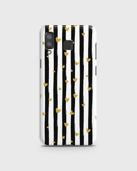 Samsung A8 Star - Trendy Black & White Lining With Golden Hearts Printed Hard Case With Life Time Colors Guarantee b-72 ( Fast Delivery )