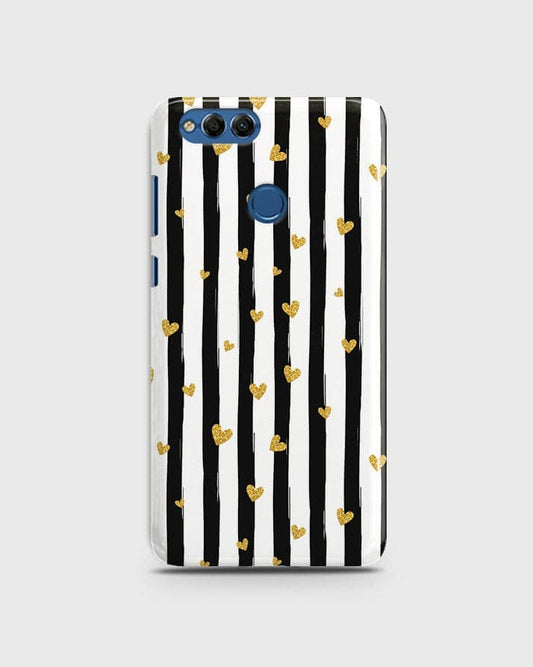 Huawei Honor 7X - Trendy Black & White Lining With Golden Hearts Printed Hard Case With Life Time Colors Guarantee B (38) 1 ( Fast Delivery )