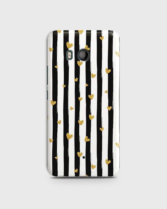 HTC U11  - Trendy Black & White Lining With Golden Hearts Printed Hard Case With Life Time Colors Guarantee (Fast Delivery)