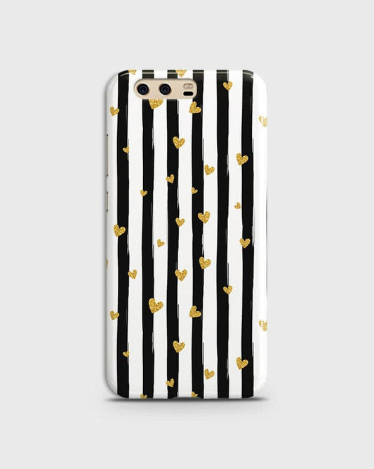 Huawei P10 - Trendy Black & White Lining With Golden Hearts Printed Hard Case With Life Time Colors Guarantee ( Fast Delivery )