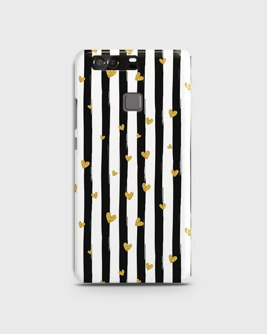 Huawei P9 - Trendy Black & White Lining With Golden Hearts Printed Hard Case With Life Time Colors Guarantee B74 ( Fast Delivery )