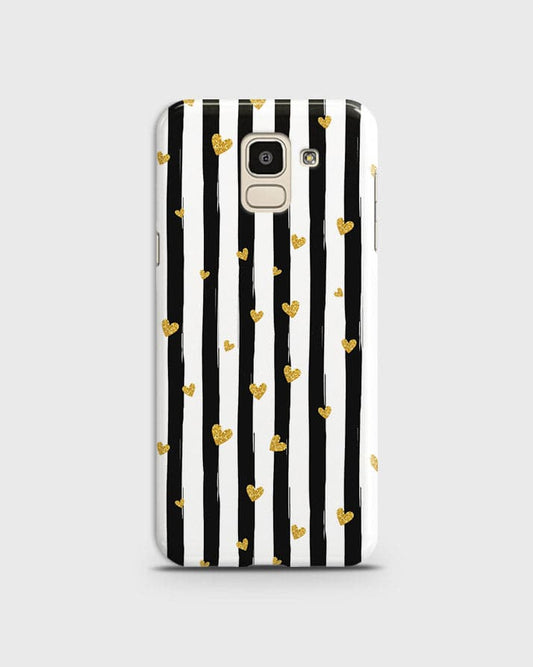 Samsung J6 2018 - Trendy Black & White Lining With Golden Hearts Printed Hard Case With Life Time Colors Guarantee ( Fast Delivery )