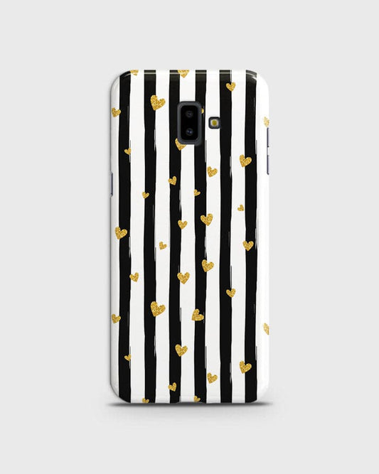 Samsung J6 Plus 2018 - Trendy Black & White Lining With Golden Hearts Printed Hard Case With Life Time Colors Guarante(b31) ( Fast Delivery )