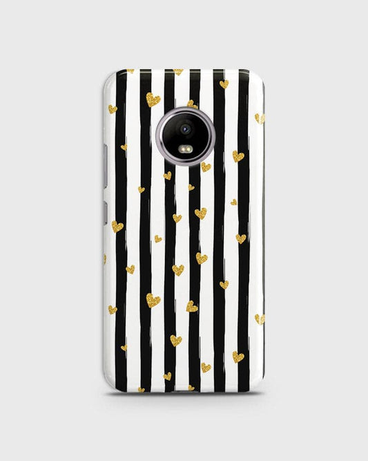 Motorola E4 Plus  - Trendy Black & White Lining With Golden Hearts Printed Hard Case With Life Time Colors Guarantee (Fast Delivery)