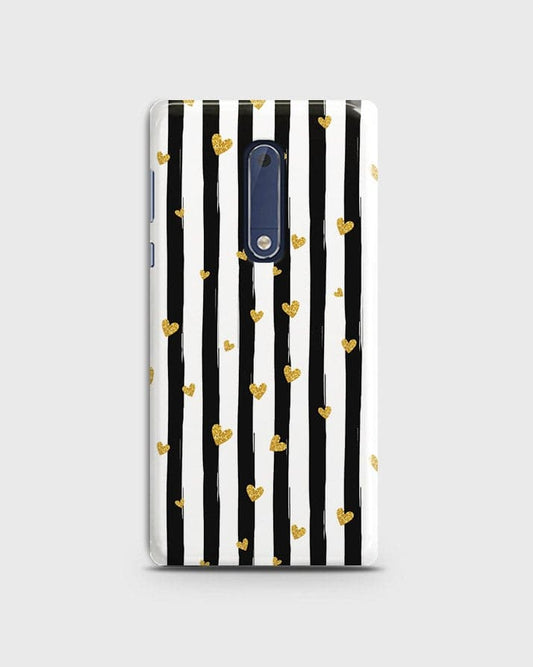 Nokia 5  - Trendy Black & White Lining With Golden Hearts Printed Hard Case With Life Time Colors Guarantee ( Fast Delivery )