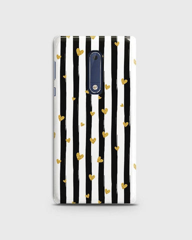 Nokia 5  - Trendy Black & White Lining With Golden Hearts Printed Hard Case With Life Time Colors Guarantee ( Fast Delivery )