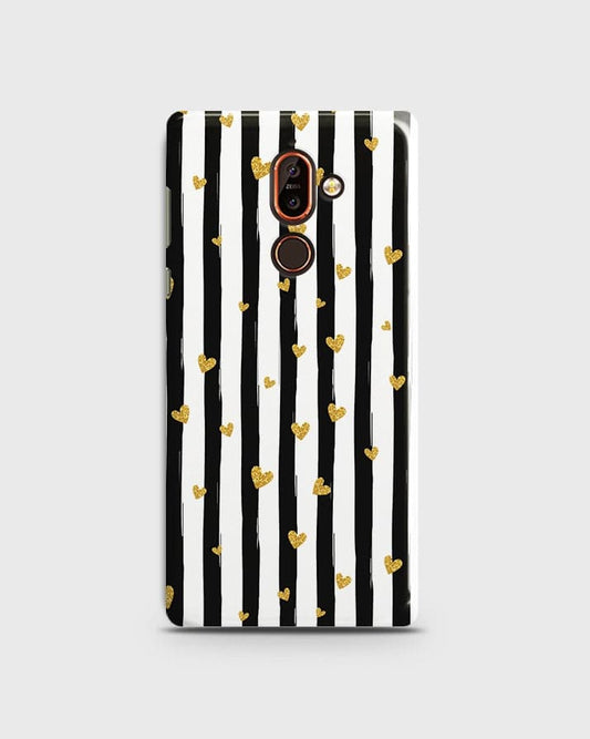 Nokia 7 Plus  - Trendy Black & White Lining With Golden Hearts Printed Hard Case With Life Time Colors Guarantee b57 ( Fast Delivery )