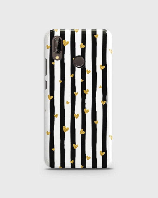Huawei Nova 3 - Trendy Black & White Lining With Golden Hearts Printed Hard Case With Life Time Colors Guarantee ( Fast Delivery )
