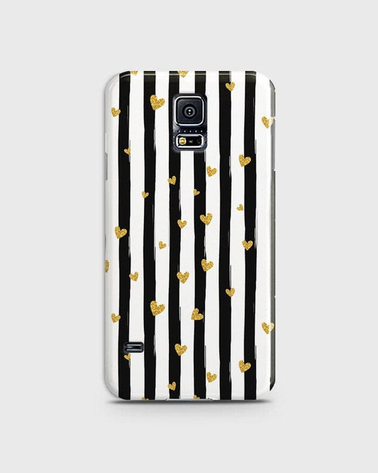 Samsung Galaxy S5 - Trendy Black & White Lining With Golden Hearts Printed Hard Case With Life Time Colors Guarantee (1) (Fast Delivery)