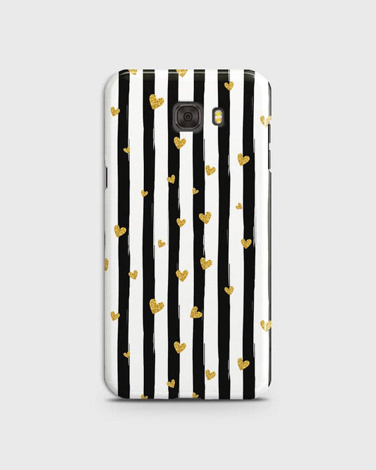 Samsung C7 Pro - Trendy Black & White Lining With Golden Hearts Printed Hard Case With Life Time Colors Guarantee ( Fast Delivery )