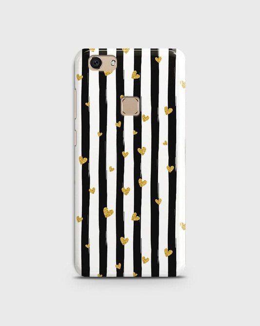 Vivo V7 - Trendy Black & White Lining With Golden Hearts Printed Hard Case With Life Time Colors Guarantee (Fast Delivery)