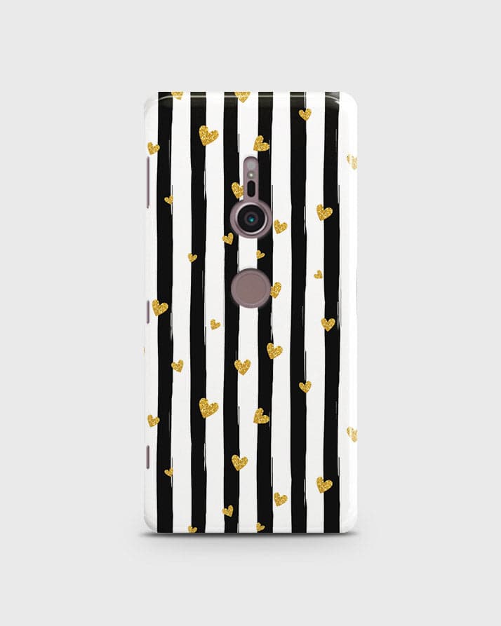 Sony Xperia XZ2  - Trendy Black & White Lining With Golden Hearts Printed Hard Case With Life Time Colors Guarantee(1b27) ( Fast Delivery )