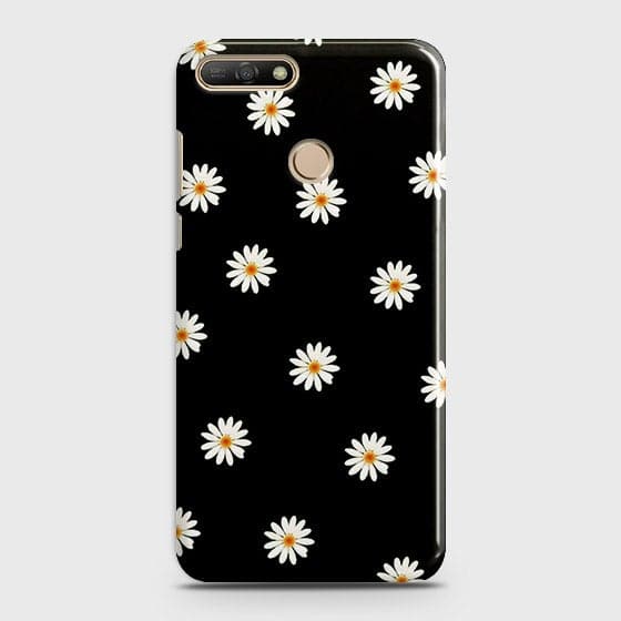 Huawei Y7 2018 Cover - Matte Finish - White Bloom Flowers with Black Background Printed Hard Case With Life Time Colors Guarantee b-70 ( Fast Delivery )