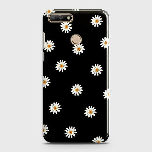 Huawei Y7 2018 Cover - Matte Finish - White Bloom Flowers with Black Background Printed Hard Case With Life Time Colors Guarantee b-70 ( Fast Delivery )
