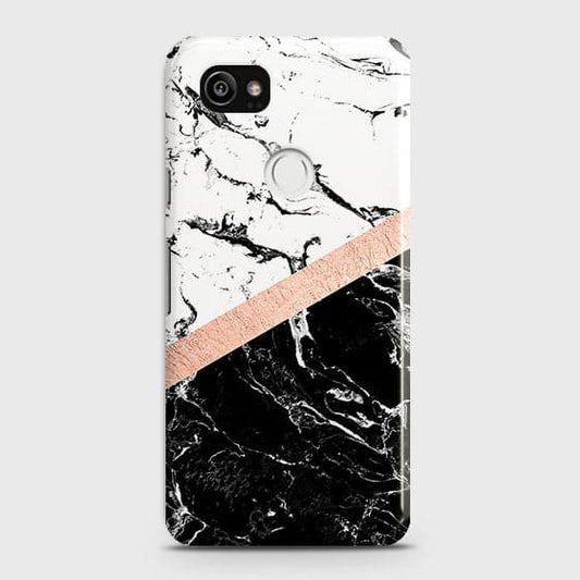 Google Pixel 2 XL Cover - Black & White Marble With Chic RoseGold Strip Case with Life Time Colors Guarantee ( Fast Delivery )