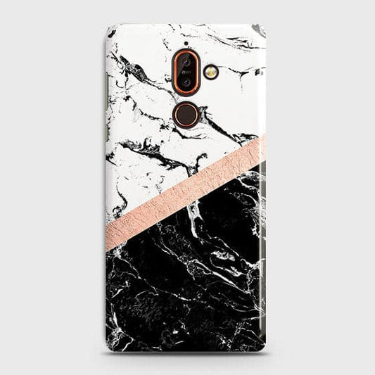 Nokia 7 Plus Cover - Black & White Marble With Chic RoseGold Strip Case with Life Time Colors Guarantee b52 ( Fast Delivery )