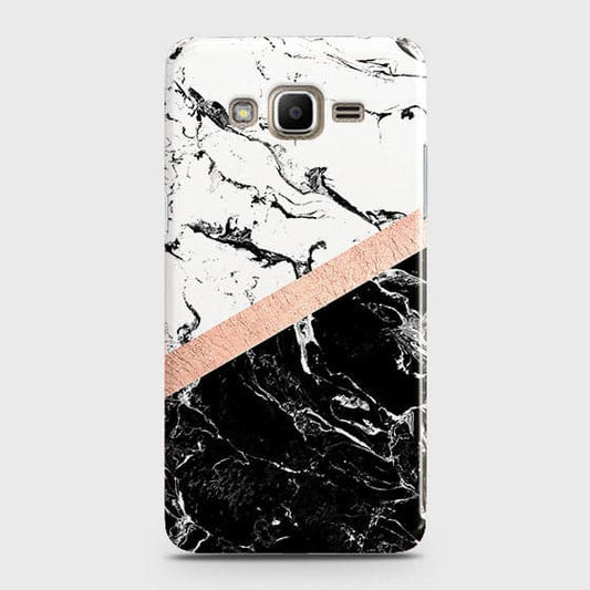 Samsung Galaxy Grand Prime / Grand Prime Plus / J2 Prime Cover - Black & White Marble With Chic RoseGold Strip Case with Life Time Colors Guarantee B75 ( Fast Delivery )