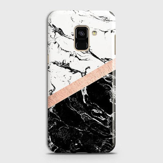 Samsung A8 Plus 2018 Cover - Black & White Marble With Chic RoseGold Strip Case with Life Time Colors Guarantee (Fast Dleivery)