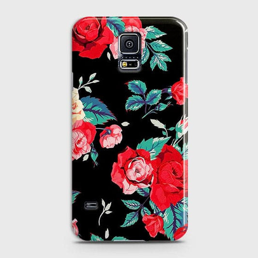 Samsung Galaxy S5 Cover - Luxury Vintage Red Flowers Printed Hard Case with Life Time Colors Guarantee (Fast Delivery)