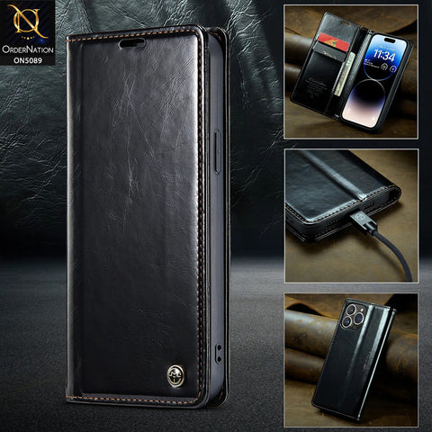 iPhone 15 Pro Cover - Black - CaseMe Classic Leather Flip Book Card Slot Case