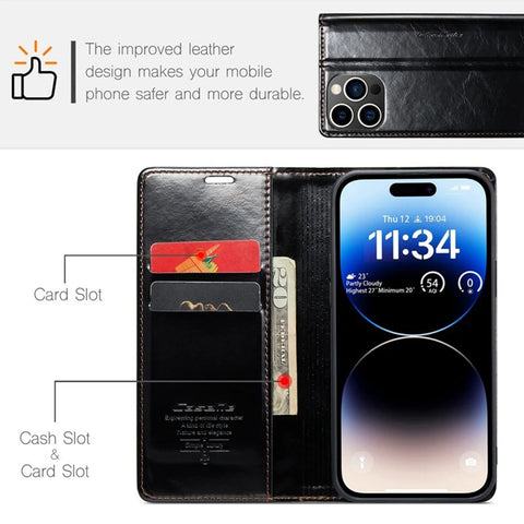 iPhone 15 Pro Cover - Black - CaseMe Classic Leather Flip Book Card Slot Case