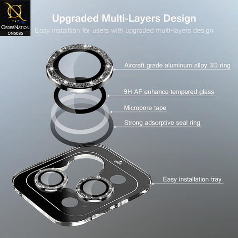 iPhone 15 Pro Max Camera Protector - Black - Shiny Bling Glitter Camera Metal Ring Protector