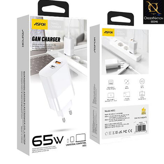 Aspor A851 EU Charger Adapter 65W Qc3.0 Wall Multi Port USB - White