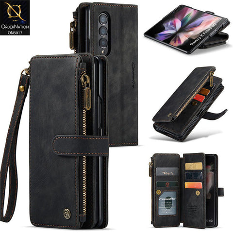 Samsung Galaxy Z Fold 4 5G Cover - Black - CaseMe Premium Leather Zipper Wallet kickstand Case with Wrist Strap