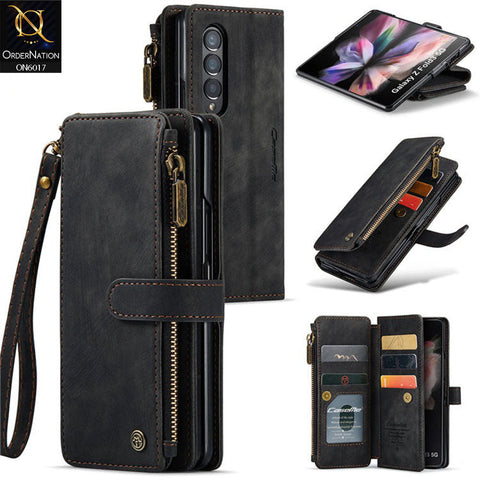 Samsung Galaxy Z Fold 3 5G Cover - Black - CaseMe Premium Leather Zipper Wallet kickstand Case with Wrist Strap