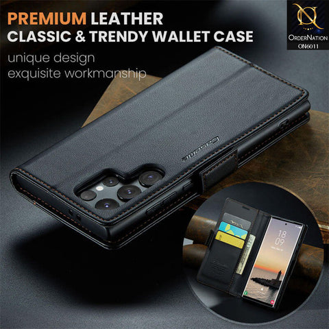 Samsung Galaxy S24 Ultra Cover - Black -   CaseMe Classic Leather Wallet RFID Blocking Magnetic Buckle Flip Book Case