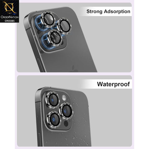 iPhone 15 Pro Max Camera Protector - Gray - Shiny Bling Glitter Camera Metal Ring Protector